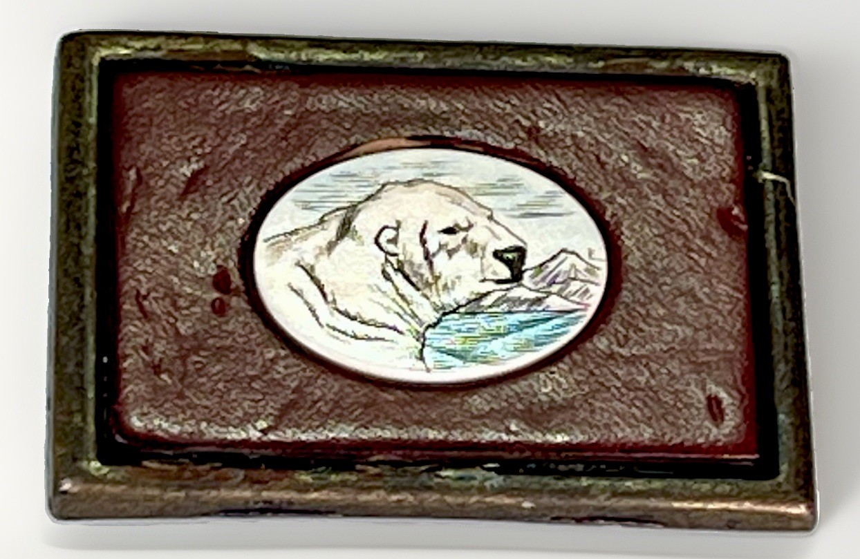 VTG Solid Brass Belt Buckle w/ Leather Native Made Polar Bear Scrimshaw Center
