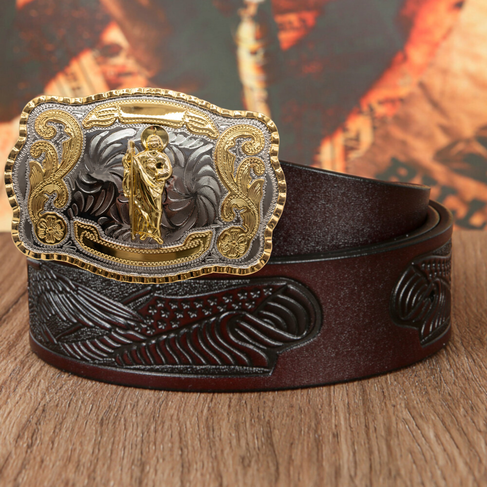 Saint Jude Western Rodeo Gold Tone Shine Design Fashion Cowboy Belt Buckle