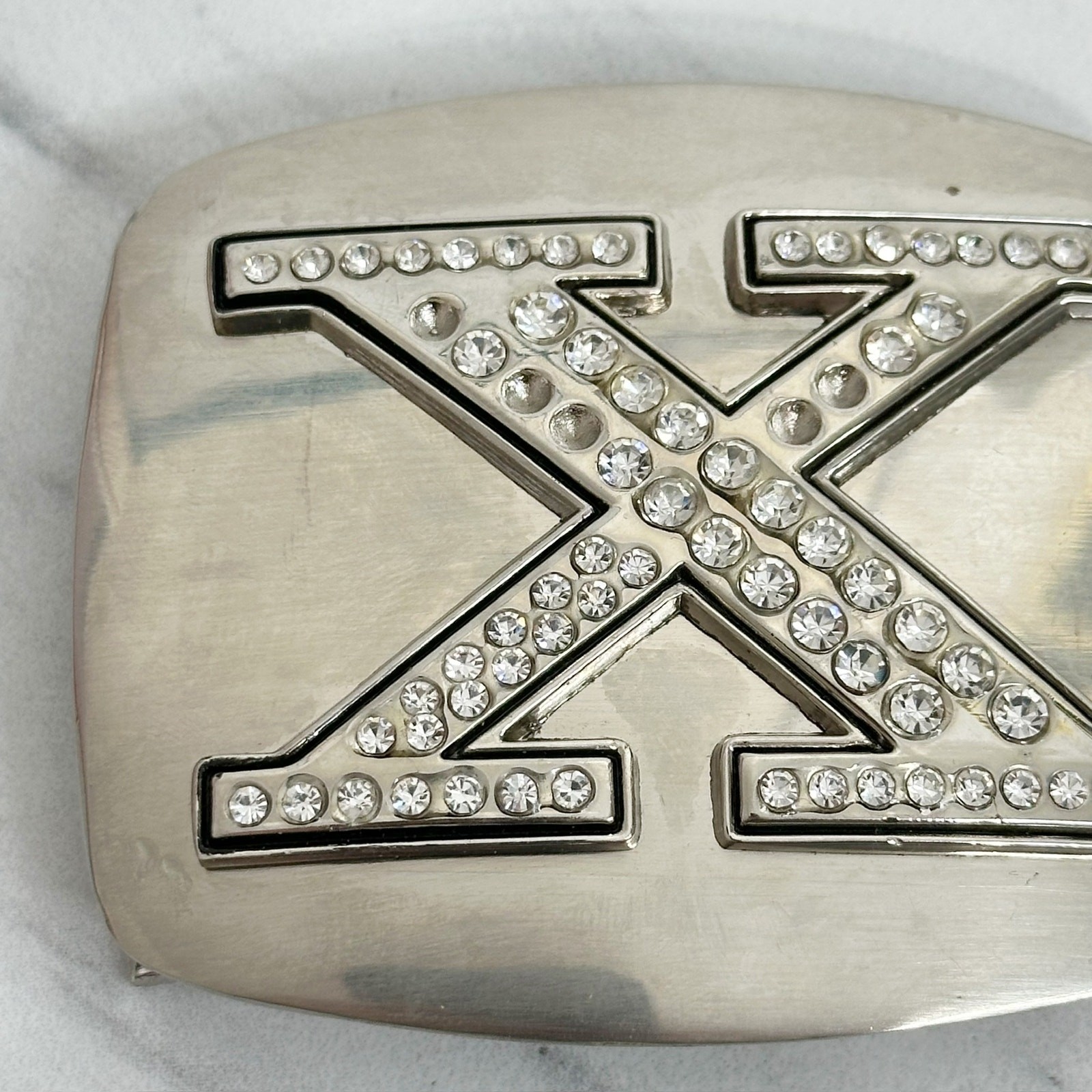 Rhinestone Studded X Letter Initial Monogram Silver Tone Belt Buckle
