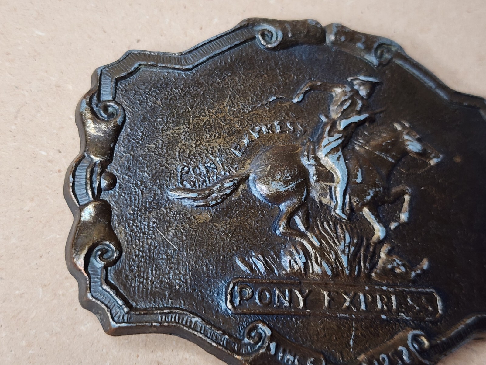 Pony Express Belt Buckle 1902 Since 1853 Bronze 3/4&Prime; x 2 3/4”