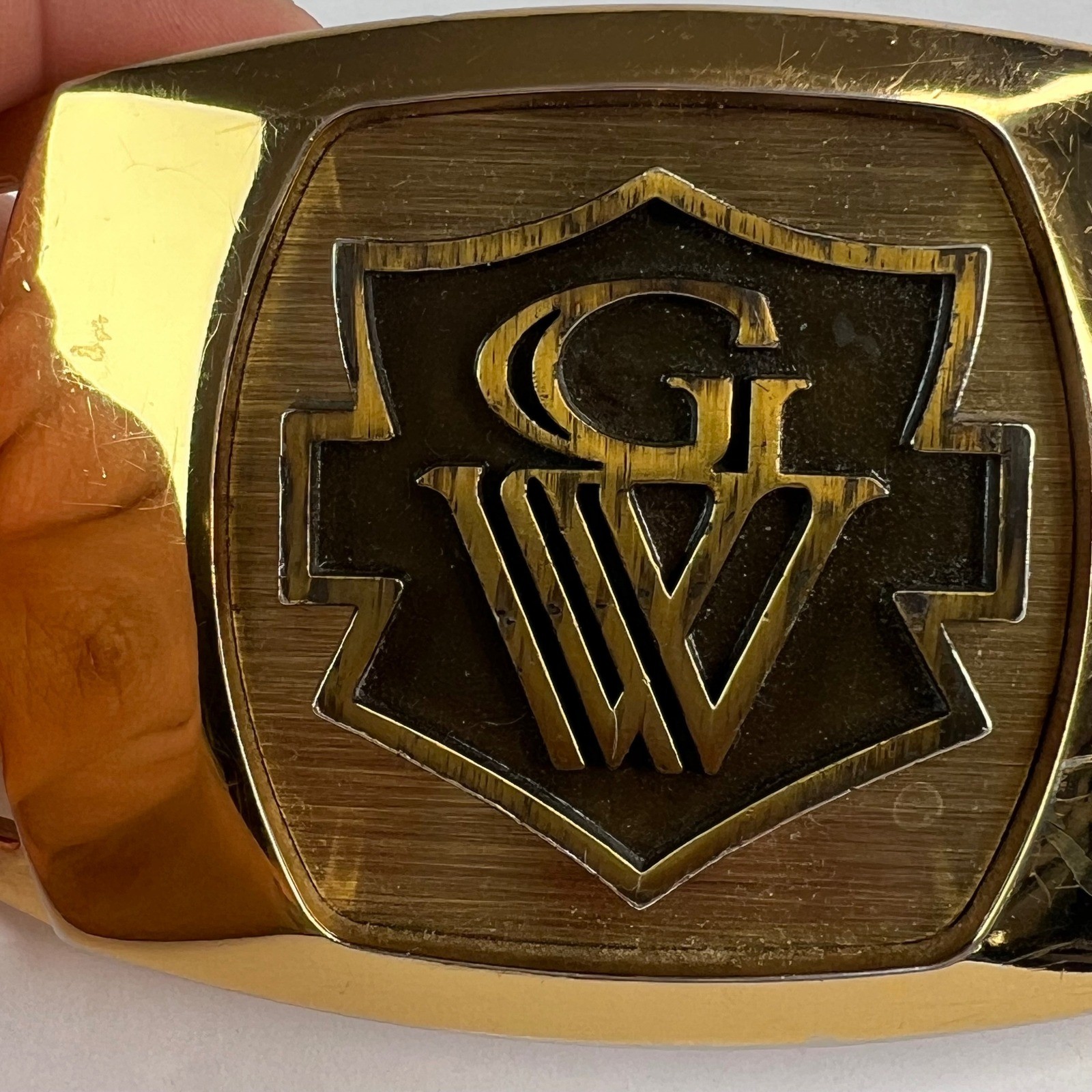 Vintage Great Western GW Monogram Shield Belt Buckle Gold Tone Metal Rectangle