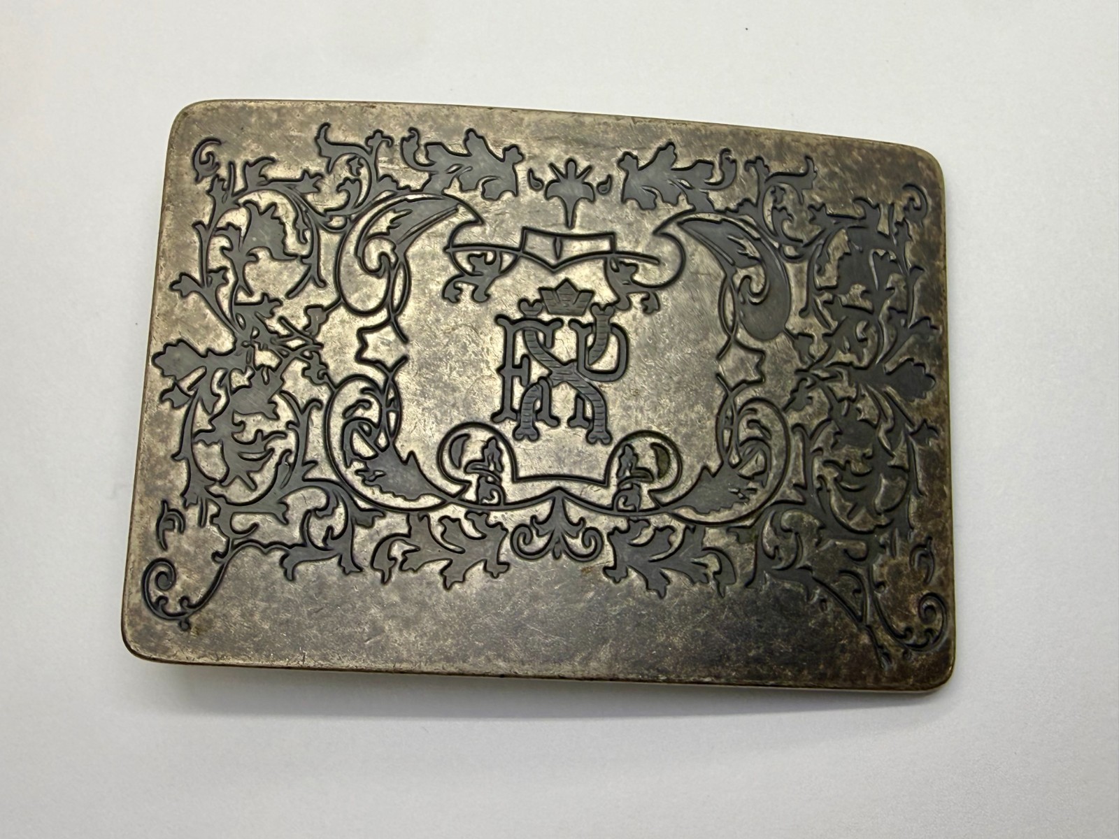 Letter EXP Monogram Scroll Ornate Pattern Silver Tone Rectangular Belt Buckle