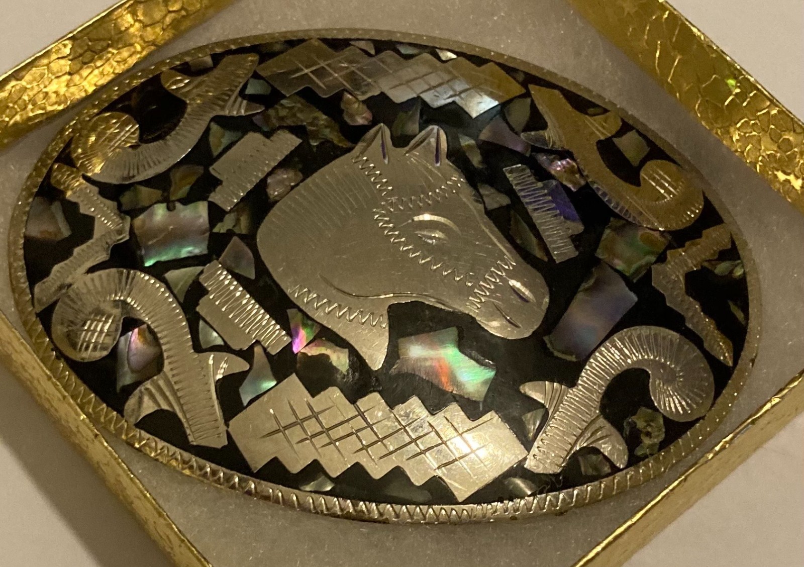 Vintage Metal Belt Buckle, Alpaca Silver and Abalone Design, Nice Horse Head