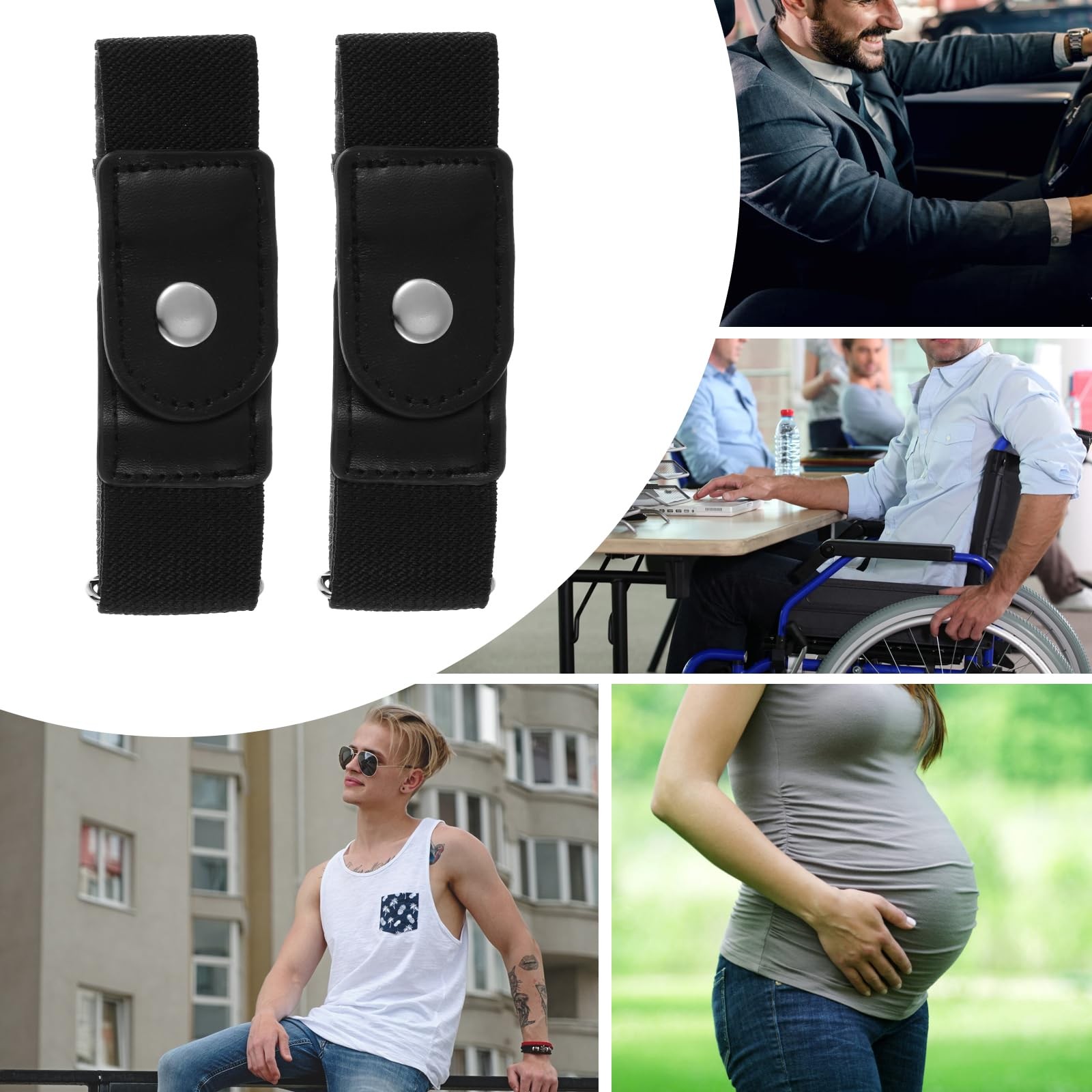 Ptwola 2 Pcs Men Side Belts No Buckle Elastic Belt Without One Size, Black