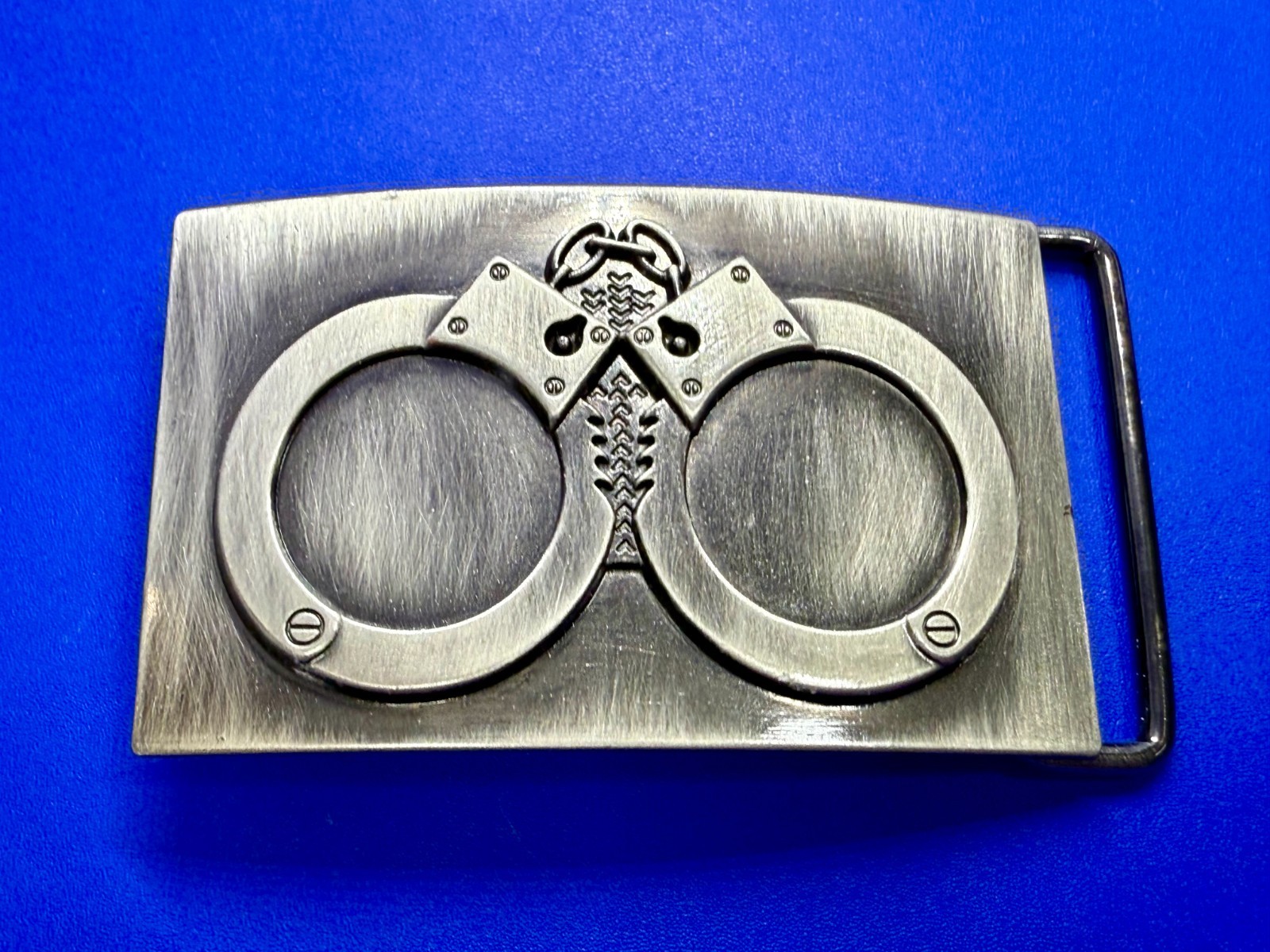 Hand Cuffs Raised Handcuffs on Silver Color Rectangular Belt Buckle