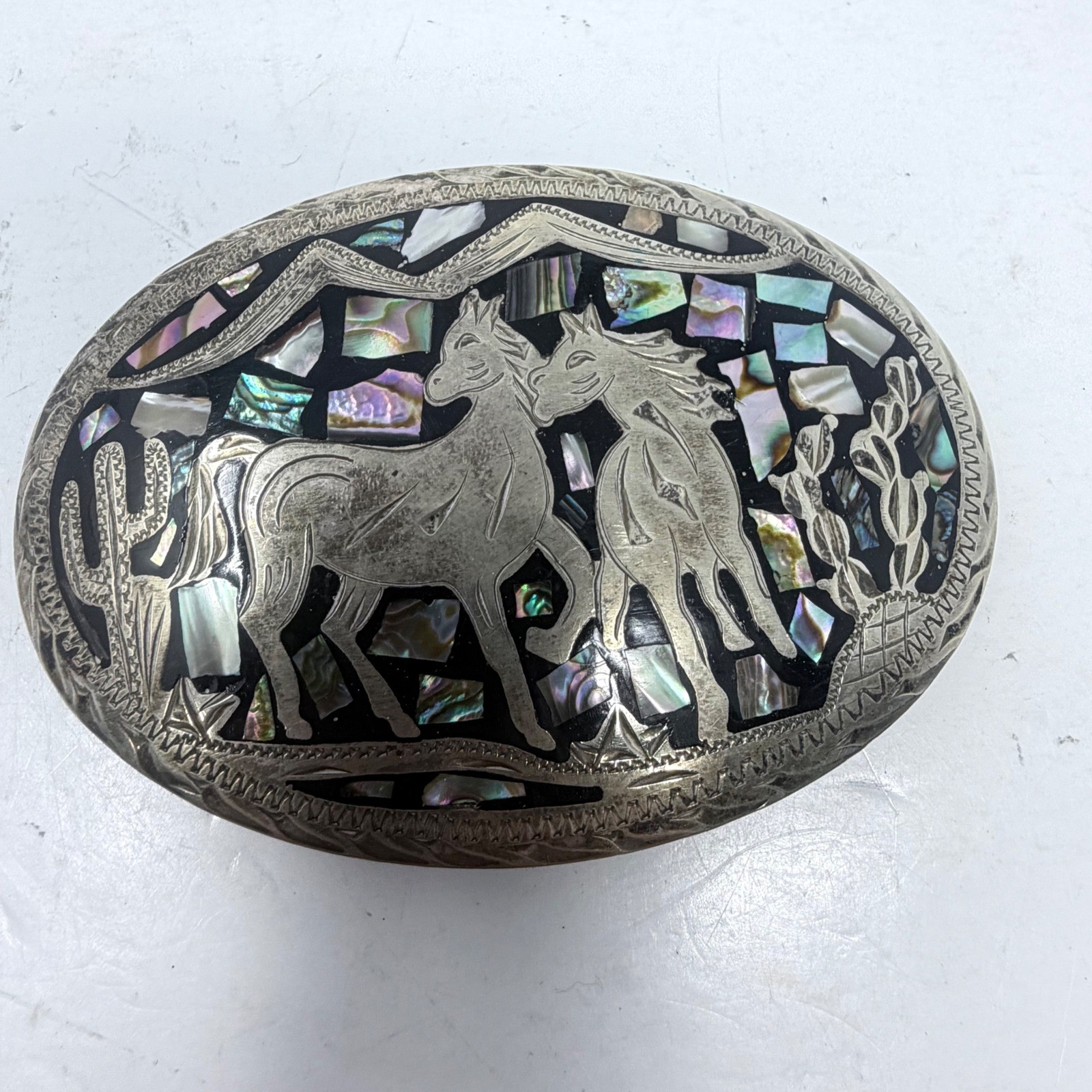 Vintage Mexico Alpaca Silver Horse Belt Buckle Abalone Shell Mosaic Inlay 3.25&Prime;