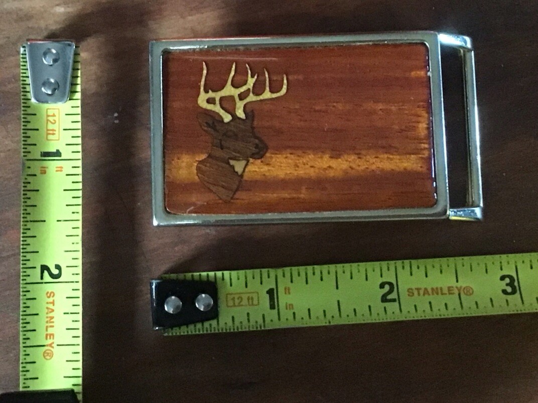 Harmony Metal Belt Buckle Wood Inlay w/Deer Head Gold Color Metal Good Condition