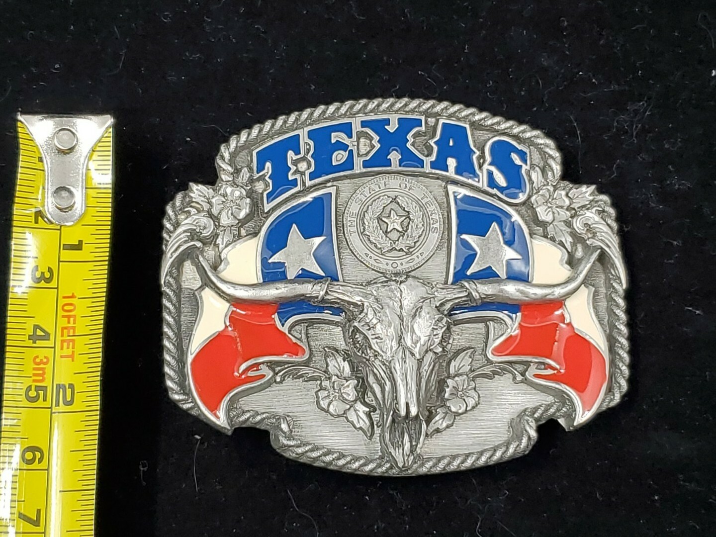 VTG Siskiyou Texas Republic Colorful Flags Longhorn State Seal Belt Buckle 1995