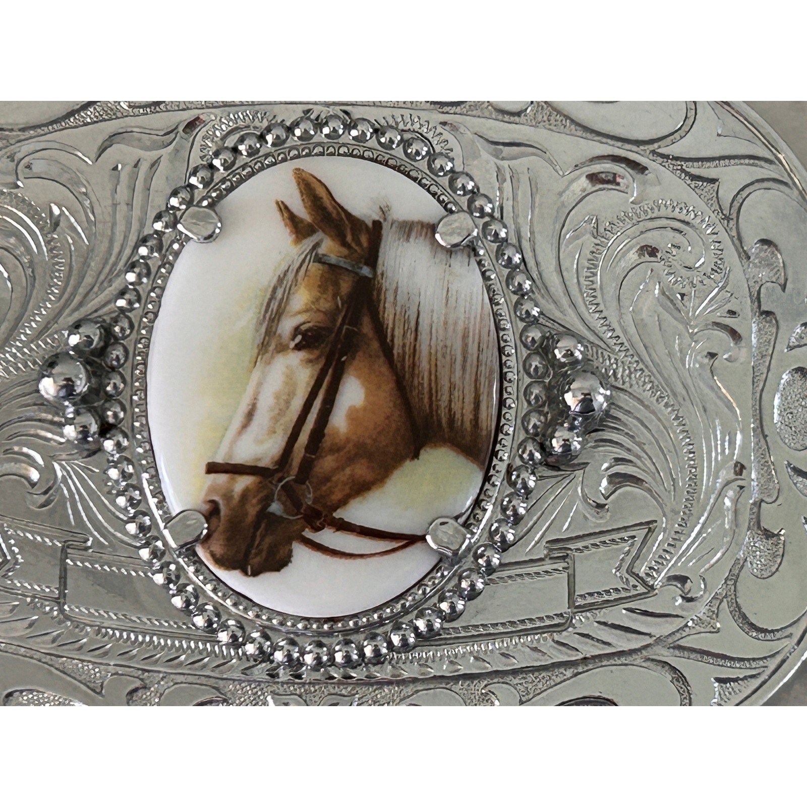 Vintage Western Horse Belt Buckle Silver Tone Engraved Floral Equestrian Oval
