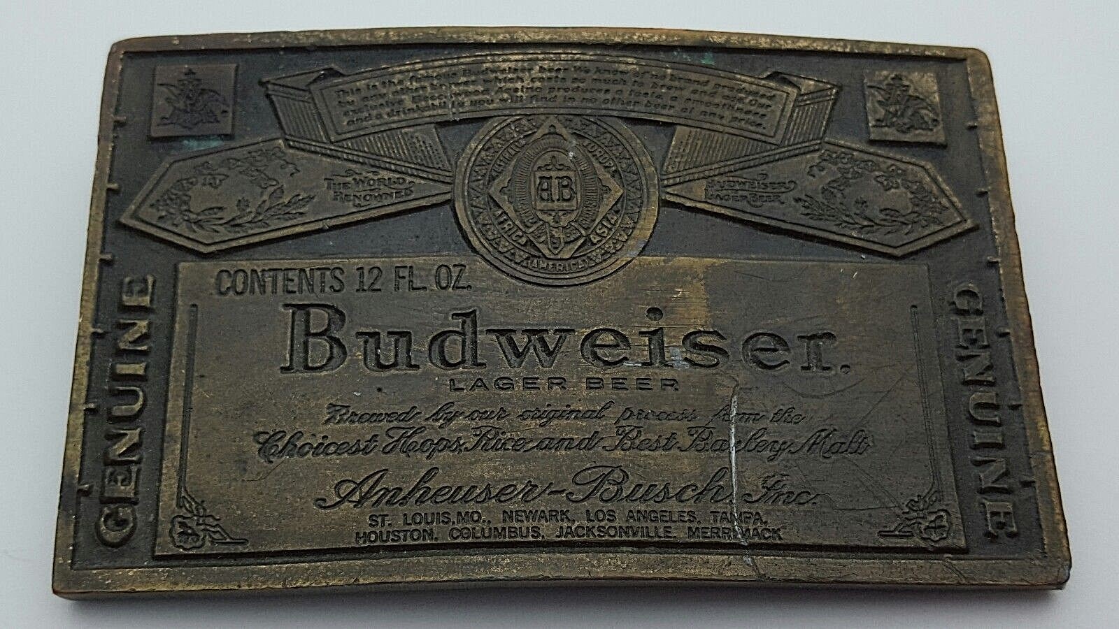 Vintage Budweiser King of Beers 12 Oz Bottle Label Brass Metal Belt Buckle A-168