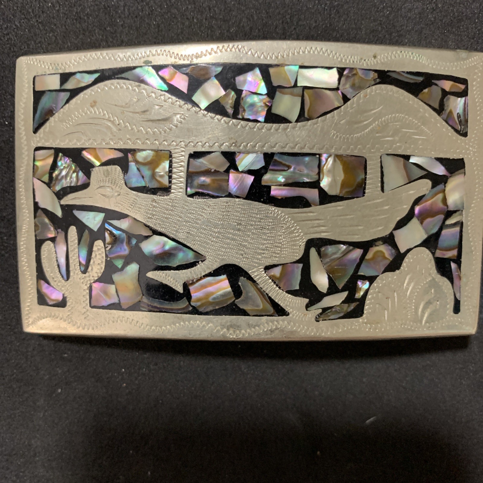 Western Belt Buckle with Roadrunner Bird Abalone Shell Southwest Cactus Inlaid