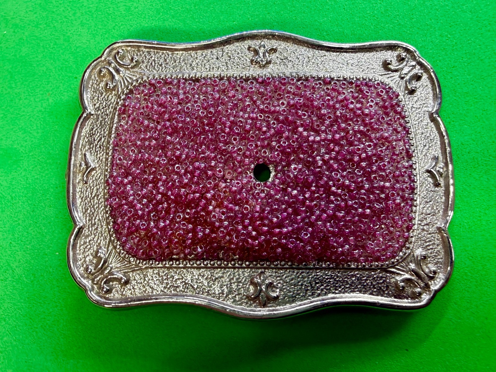 Rectangular Red Pink Bead Covered Belt Buckle Center Hole For Craft Or Project