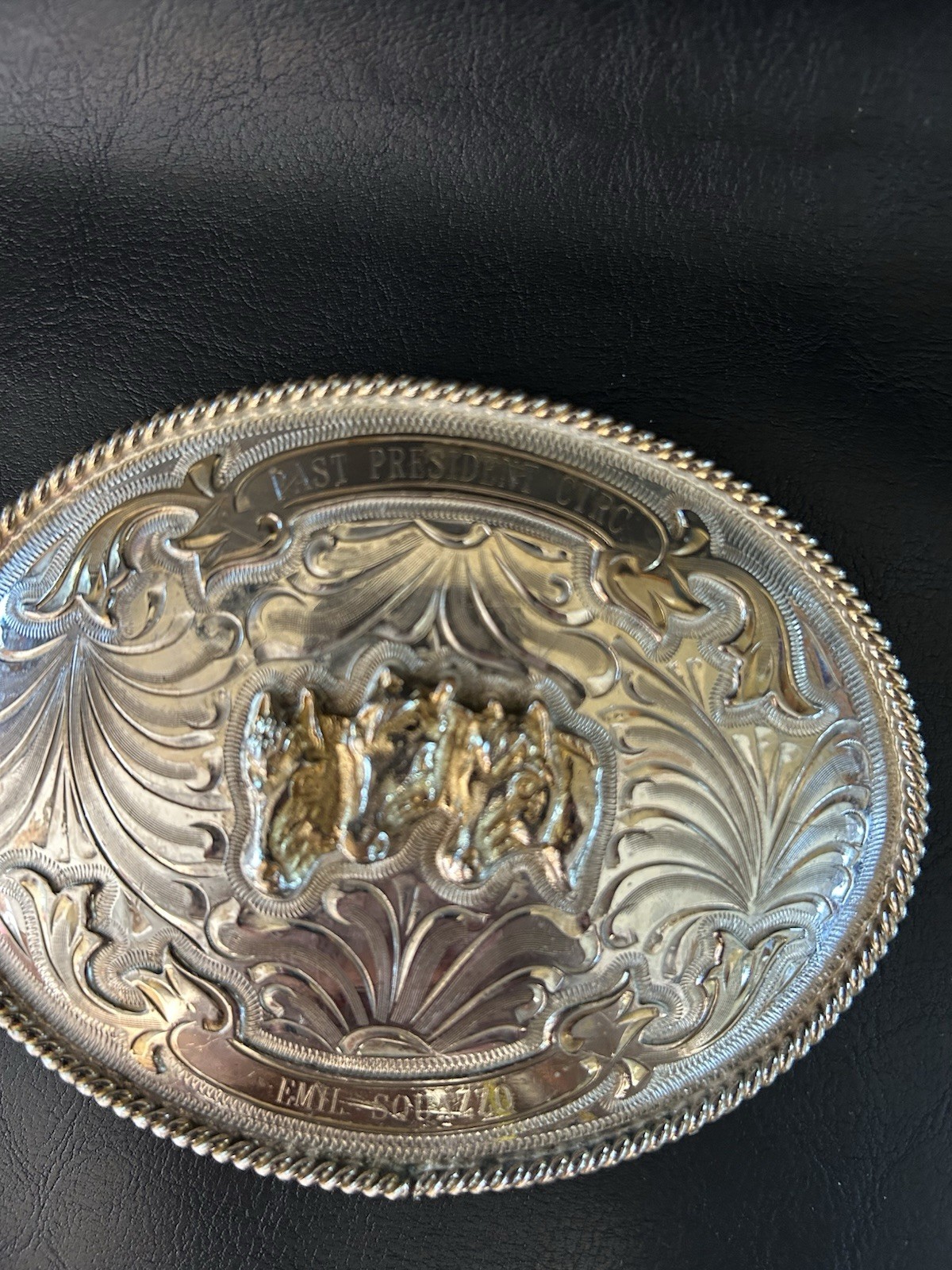 Vintage Alpaca Mexico Belt Buckle Three Horse Heads Western Filigree