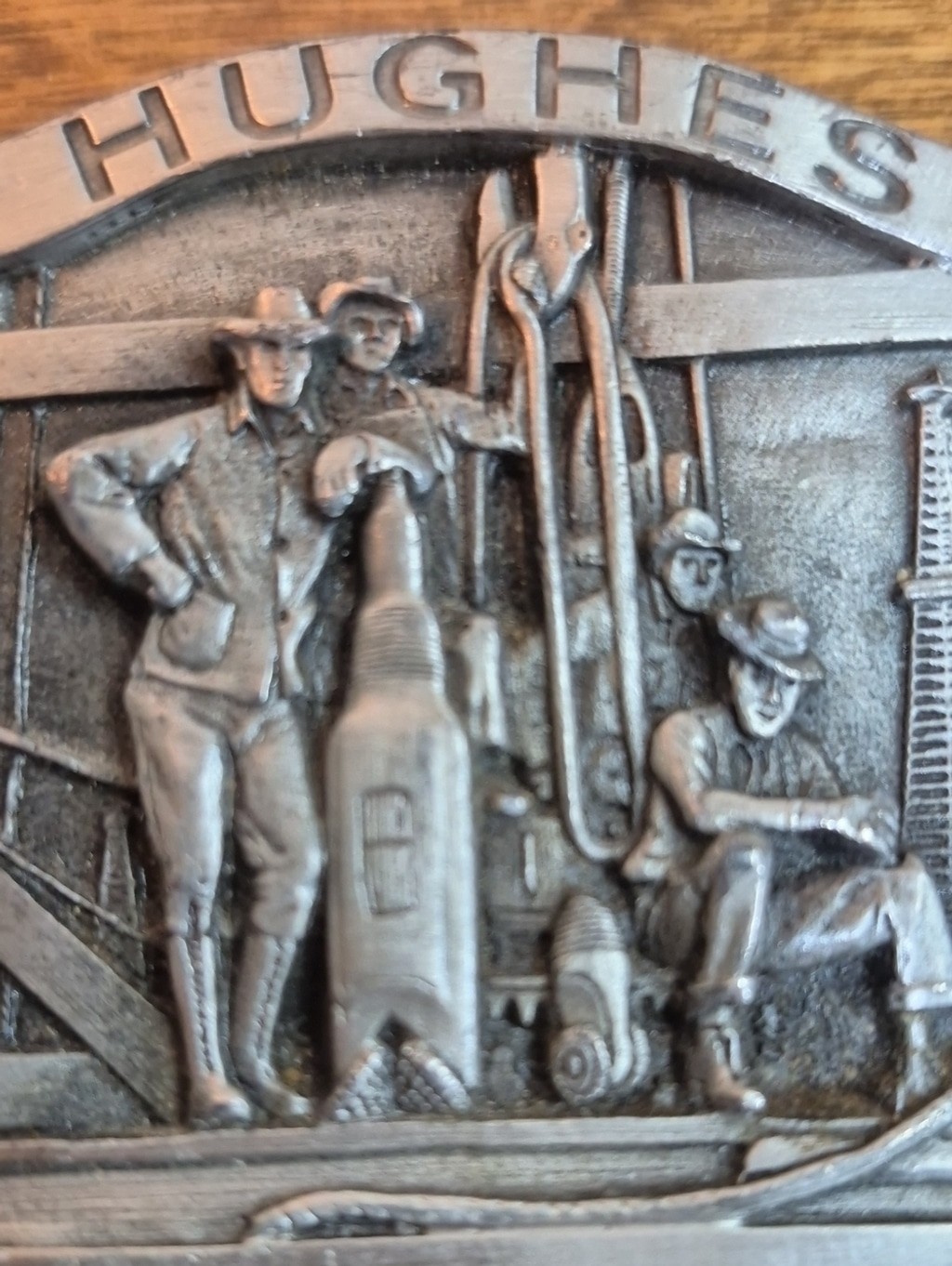VINTAGE Pewter Hughes Oil Tool Division Belt Buckle Rock Bit Drilling Rig Detail