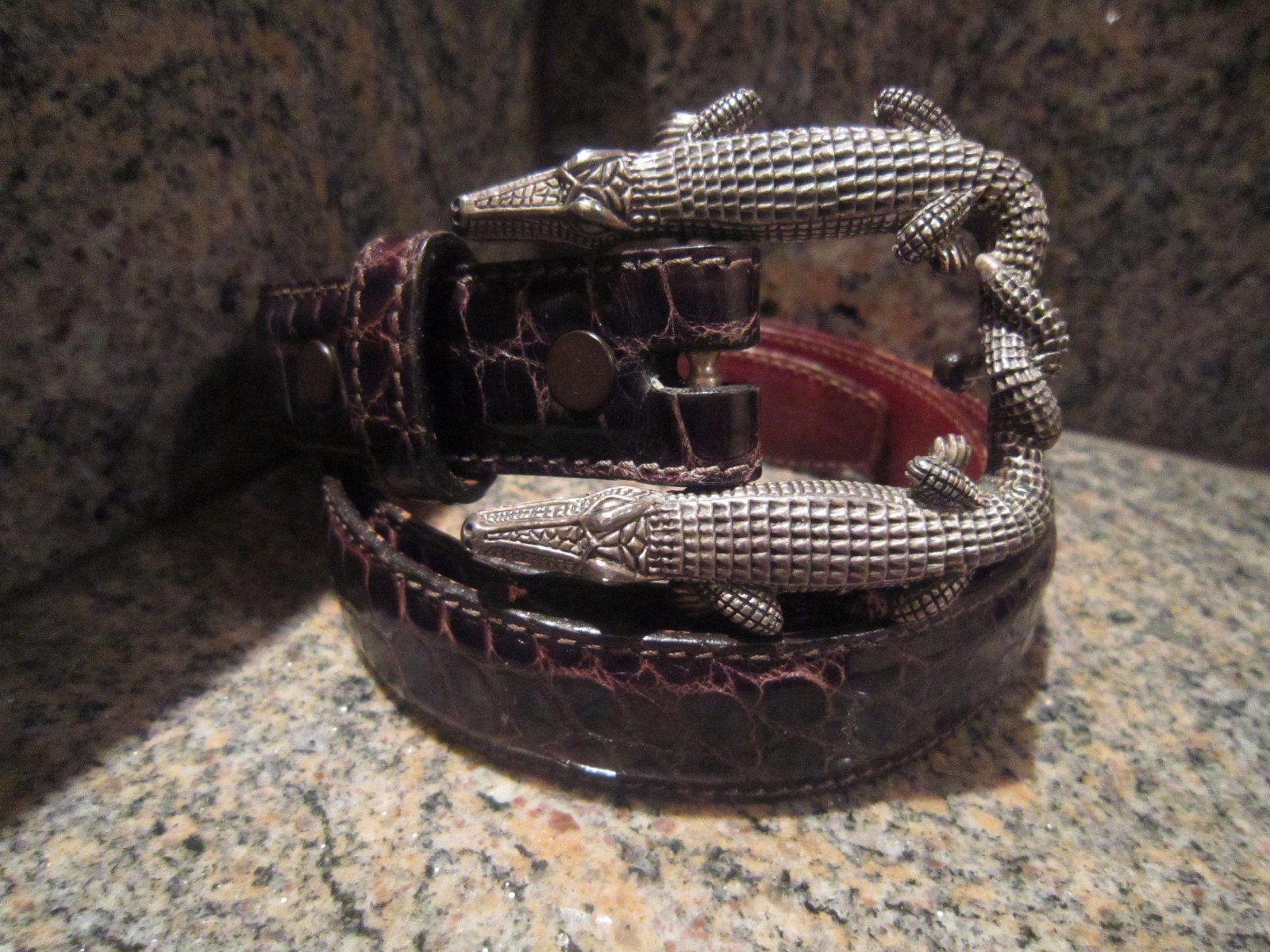 Kieselstein-Cord Sterling Double Alligator Buckle W/Brown Alligator Belt Size 2