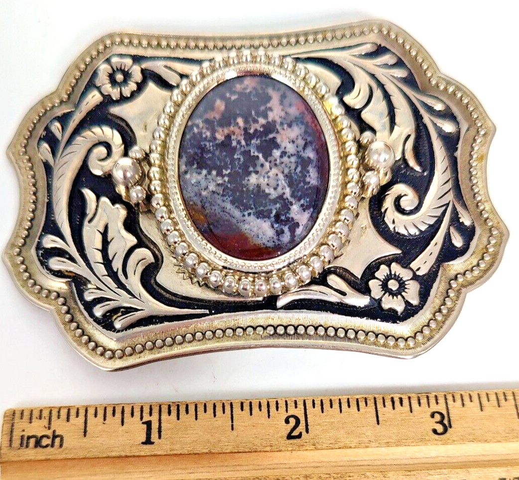 Vintage Belt Buckle Western Style Silver Ornate with Large Black Oval Stone