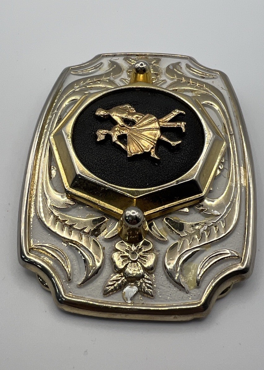 Western White Enamel Gold Tone Belt Buckle Couple Dancing Dance Floral Scroll