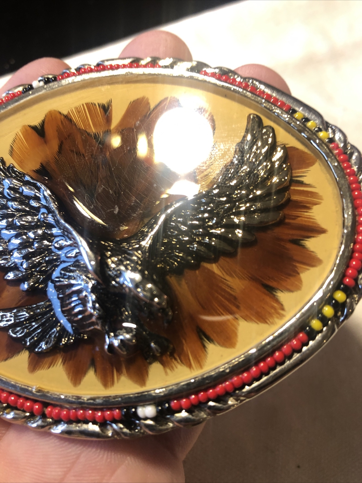 Vintage SSI Diamondback Rattler Eagle USA Belt Buckle Eagle Feathers Beads
