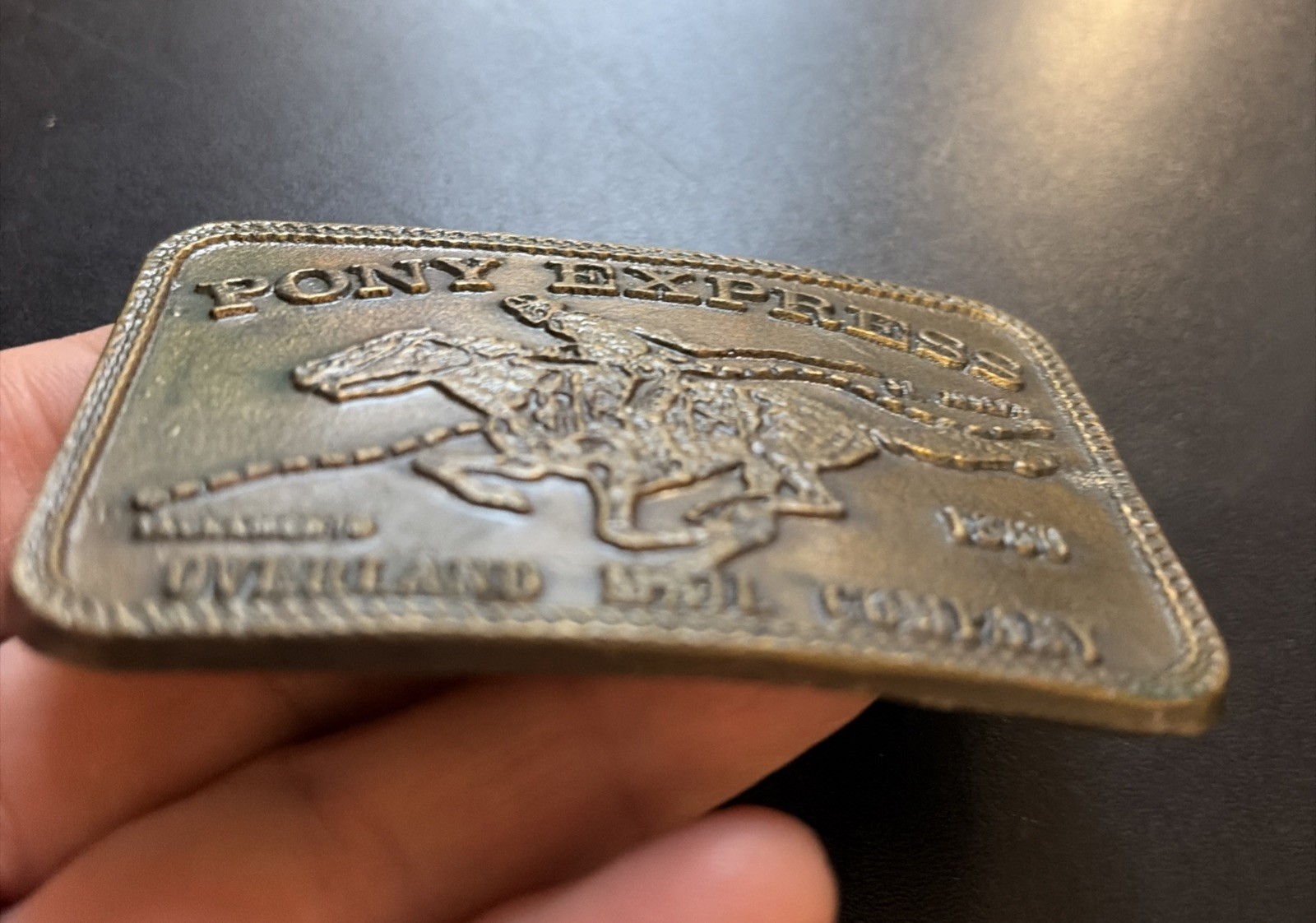 Vintage Pony Express Overland Mail Company 1860 Brass Metal Belt Buckle