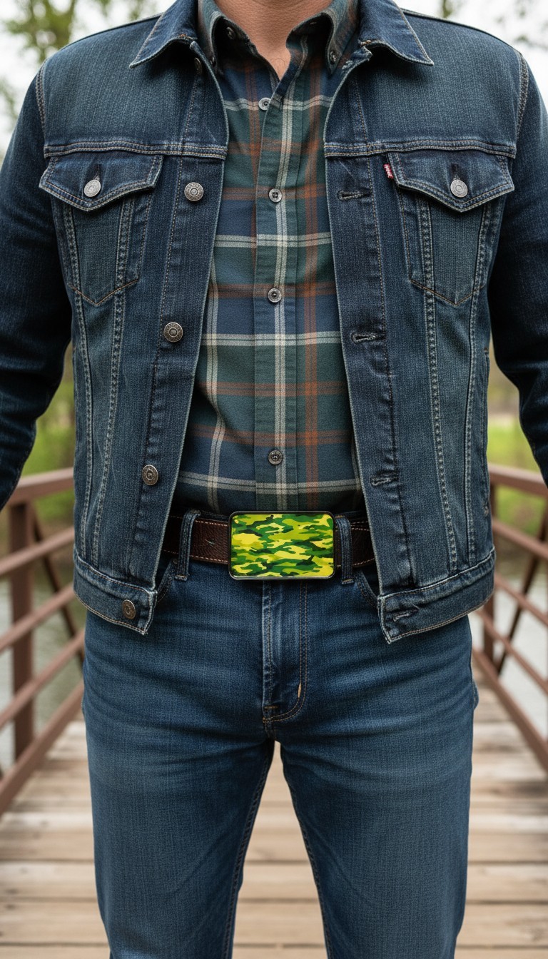 Men Women Black Metal Fashion Belt Buckle Army Green Camouflage Standout Design