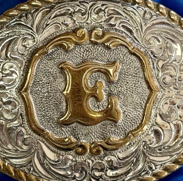 Vtg Crumrine Silver Plate Jewelers Bronze “E” Floral Western Belt Buckle SEE
