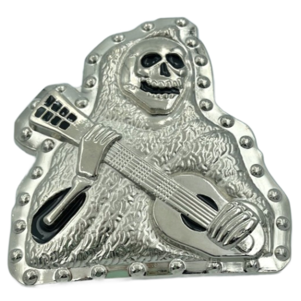 SKULL HEAD GRIM REAPER EVIL GUITARS MUSIC WOMEN MUSICIAN BELT BUCKLE