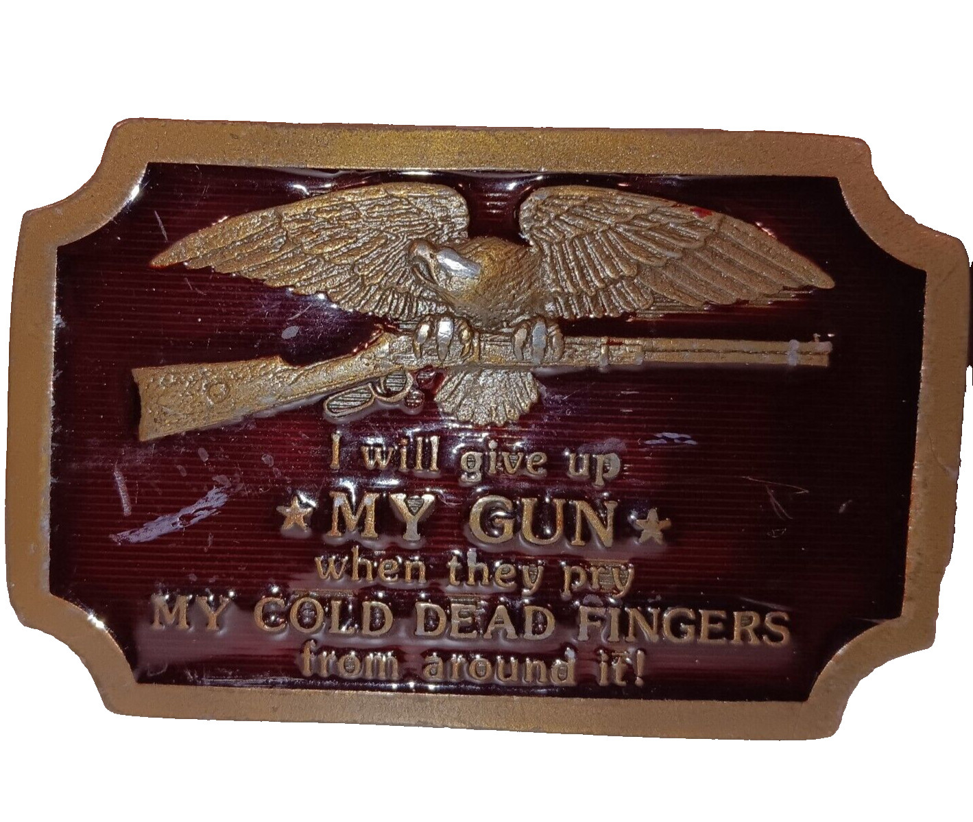 Men Belt Black Brass Buckle MY GUN Indiana Metal Craft 1977 Vintage 43in Clean