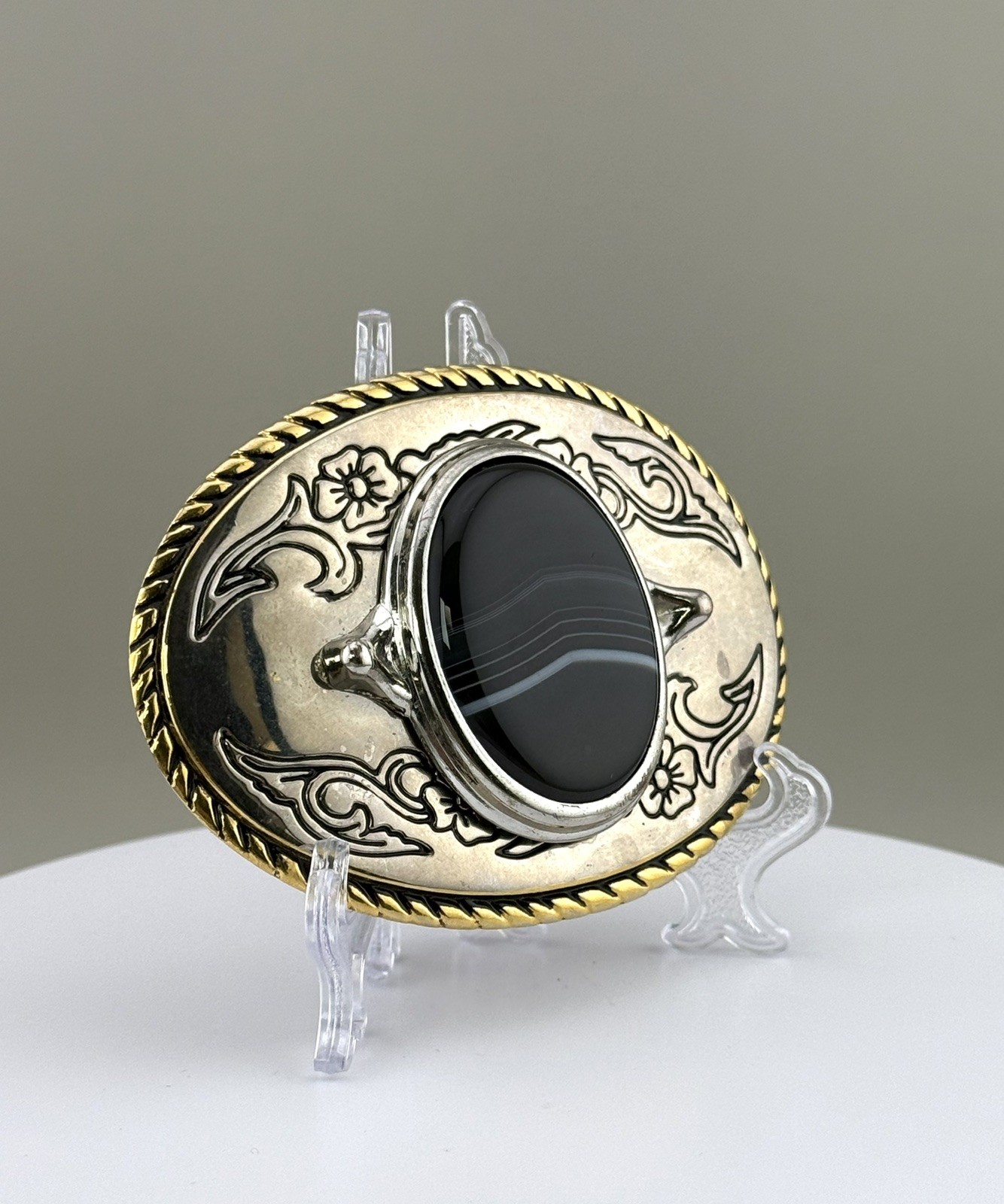 Black Banded Agate Western Belt Buckle Gold Rope Trim Floral Scroll