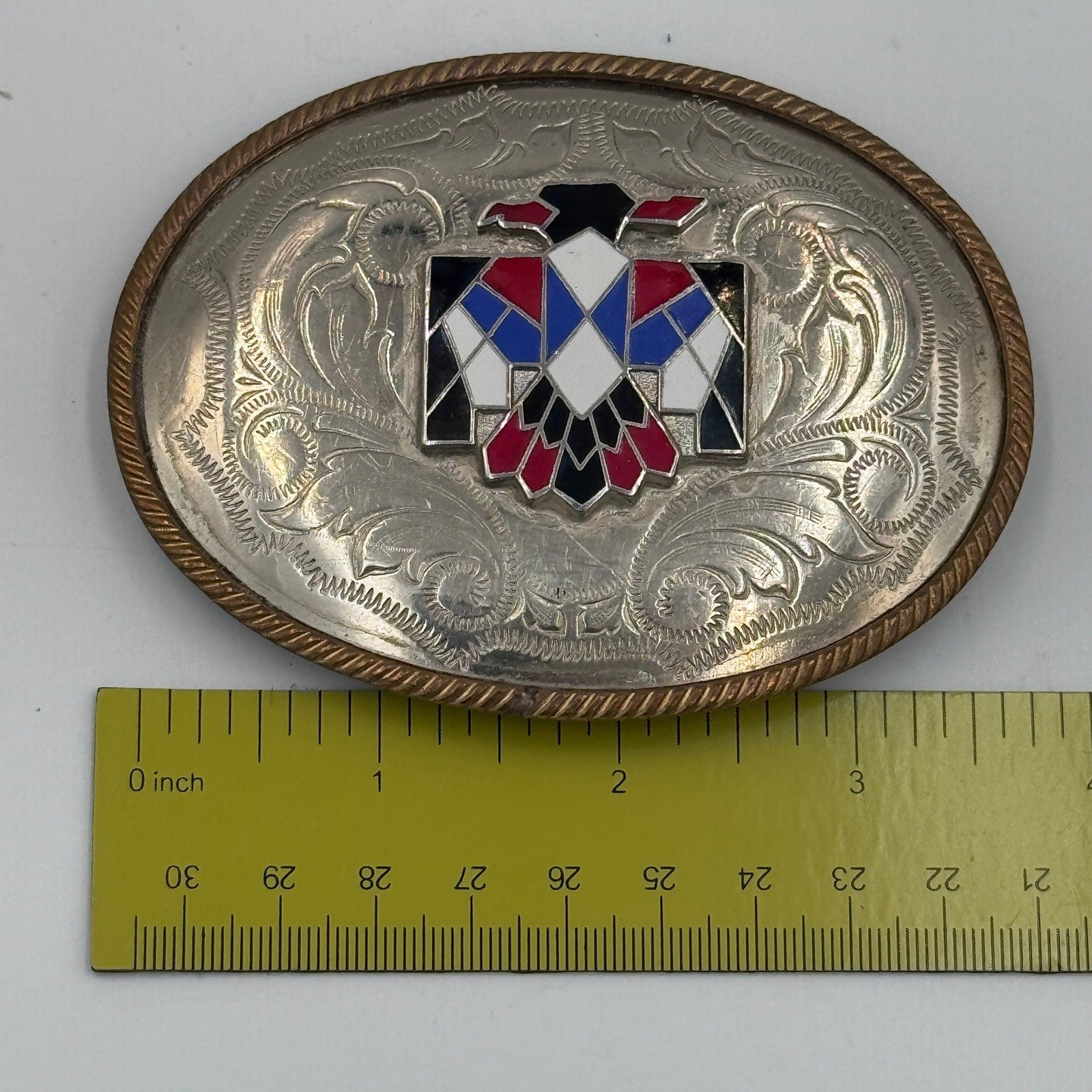 Vintage German Silver Thunderbird Belt Buckle Western Enamel Floral Engraved