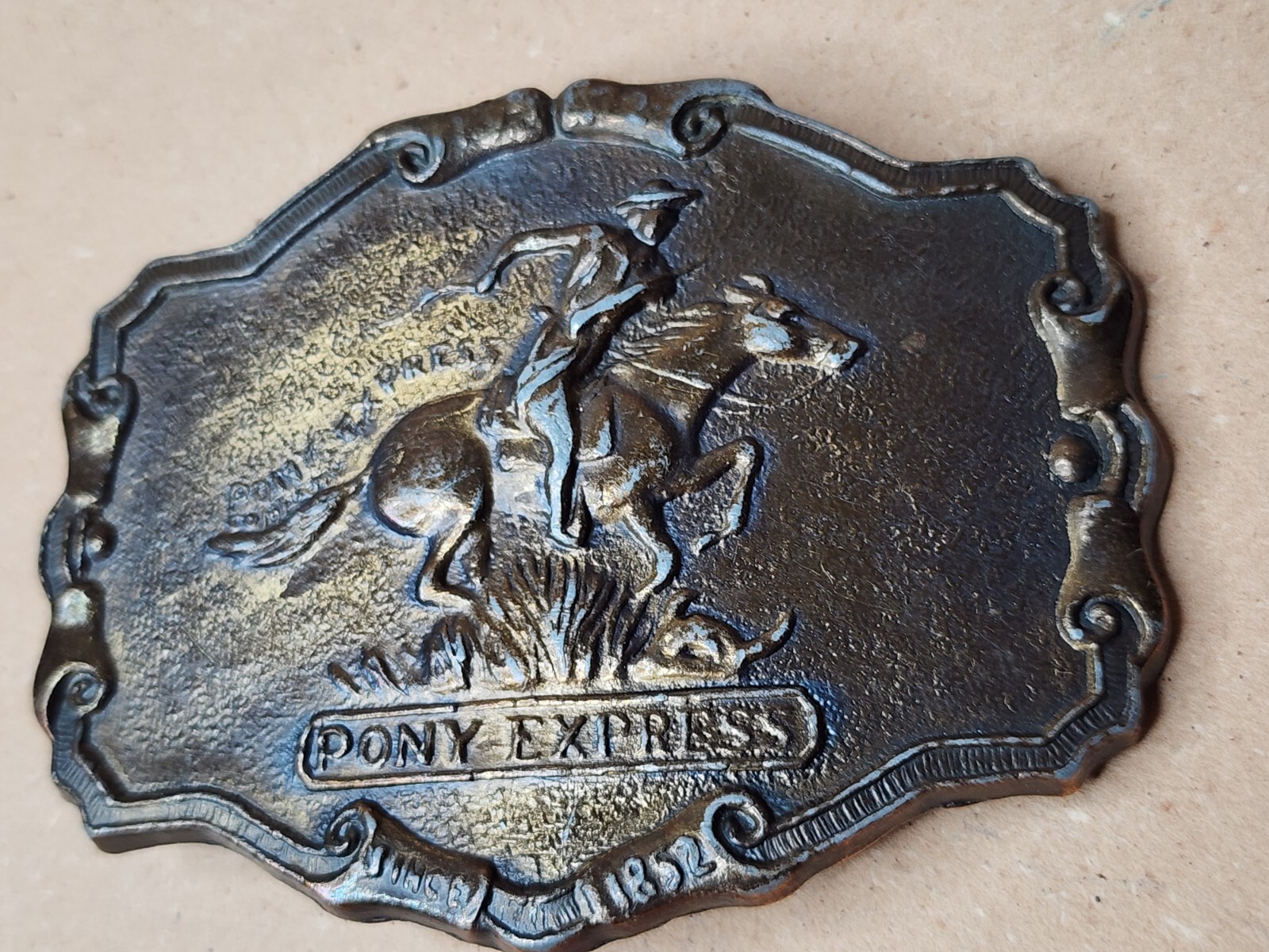 Pony Express Belt Buckle 1902 Since 1853 Bronze 3/4&Prime; x 2 3/4”