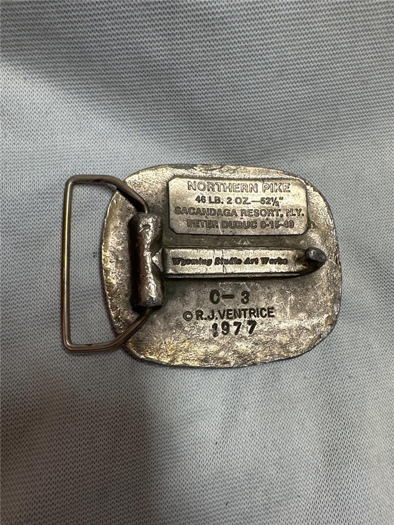 1977 Wyoming Studio Art Works Belt Buckle Nothern Pike 46 Pound 2 Ounces
