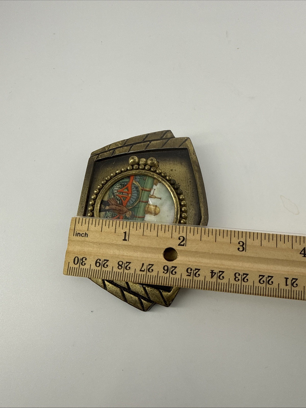 Vintage Railroad Metal Locomotive Belt Buckle Ceramic Inlay Train Collectible