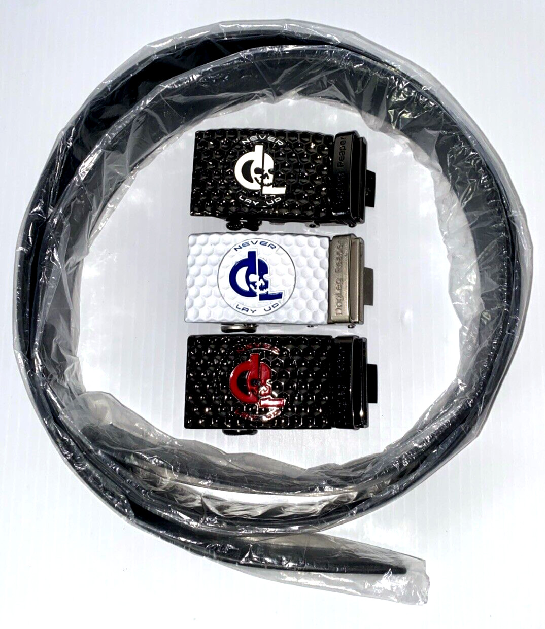 Golf Belt Buckle & Leather Belt Removable Magnetic Ball Marker Ratchet Dog Leg
