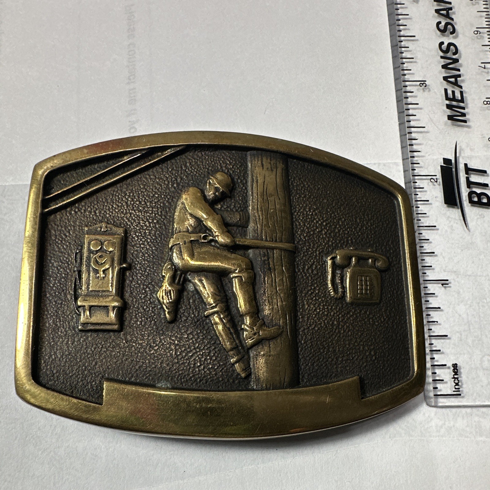 Solid Brass Mens Western Belt Buckle Lineman Telephone Utility Figural 1.5in