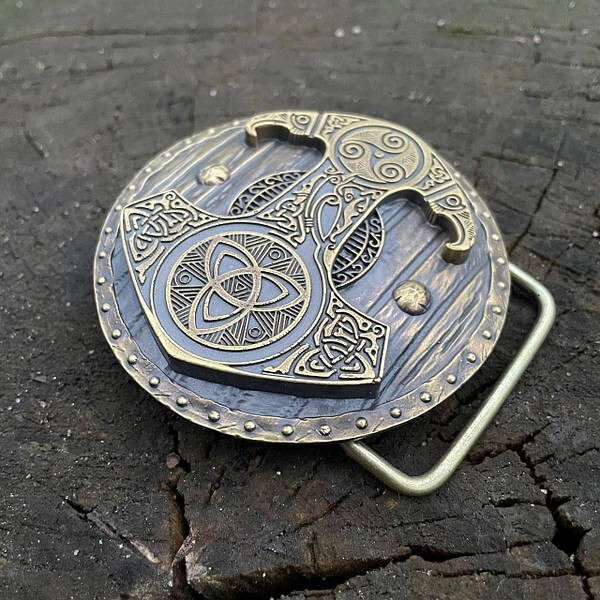 Mens Belt Buckle « Thor&rsquo;s Hammer » Solid Handmade Brass Buckle Vintage Viking