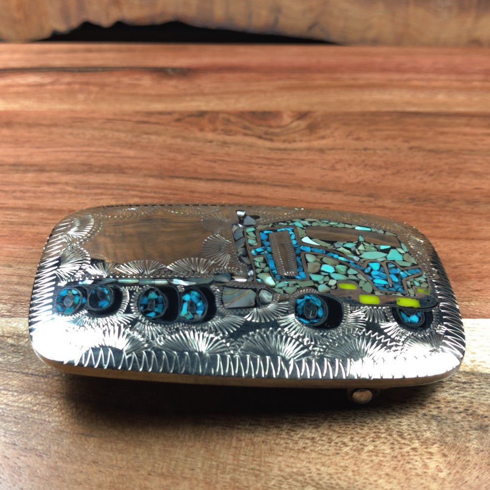 Western Native Engraved Turquoise Abalone Inlay Semi Truck Cowboy Belt Buckle