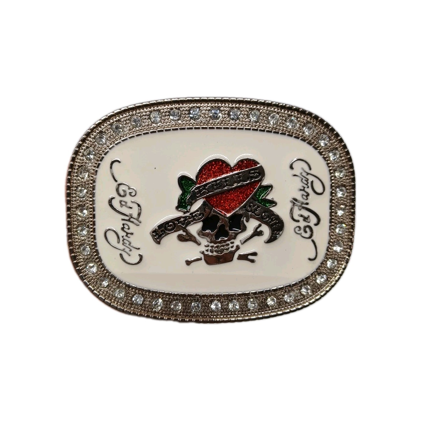 Ed Hardy Love Kills Slowly Belt Buckle Diamonds Heart Skull 3×4