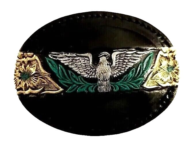 EAGLE Leather BELT BUCKLE Handmade Sm BLACK Western/Biker w/ Hand-painted Colors