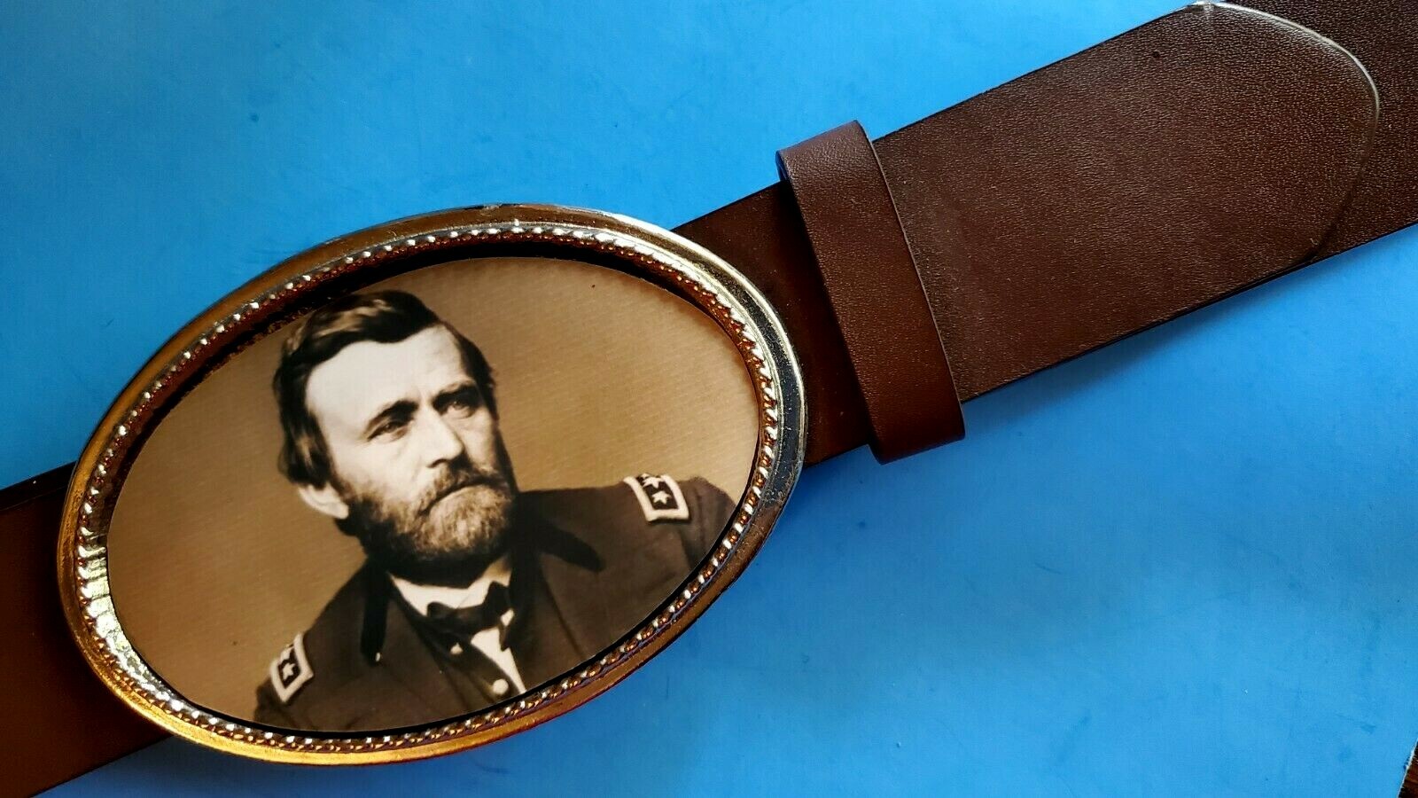 Gen. ULYSSES S. GRANT CIVIL WAR Epoxy Photo Buckle & Brown Bonded Leather Belt