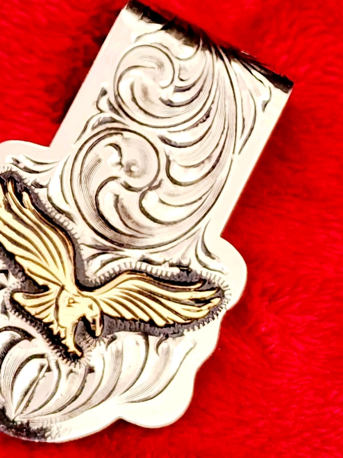 EAGLE EMBLEM~HAND ENGRAVED MONEY CLIP $ GERMAN SILVER & JEWLERS BRONZE