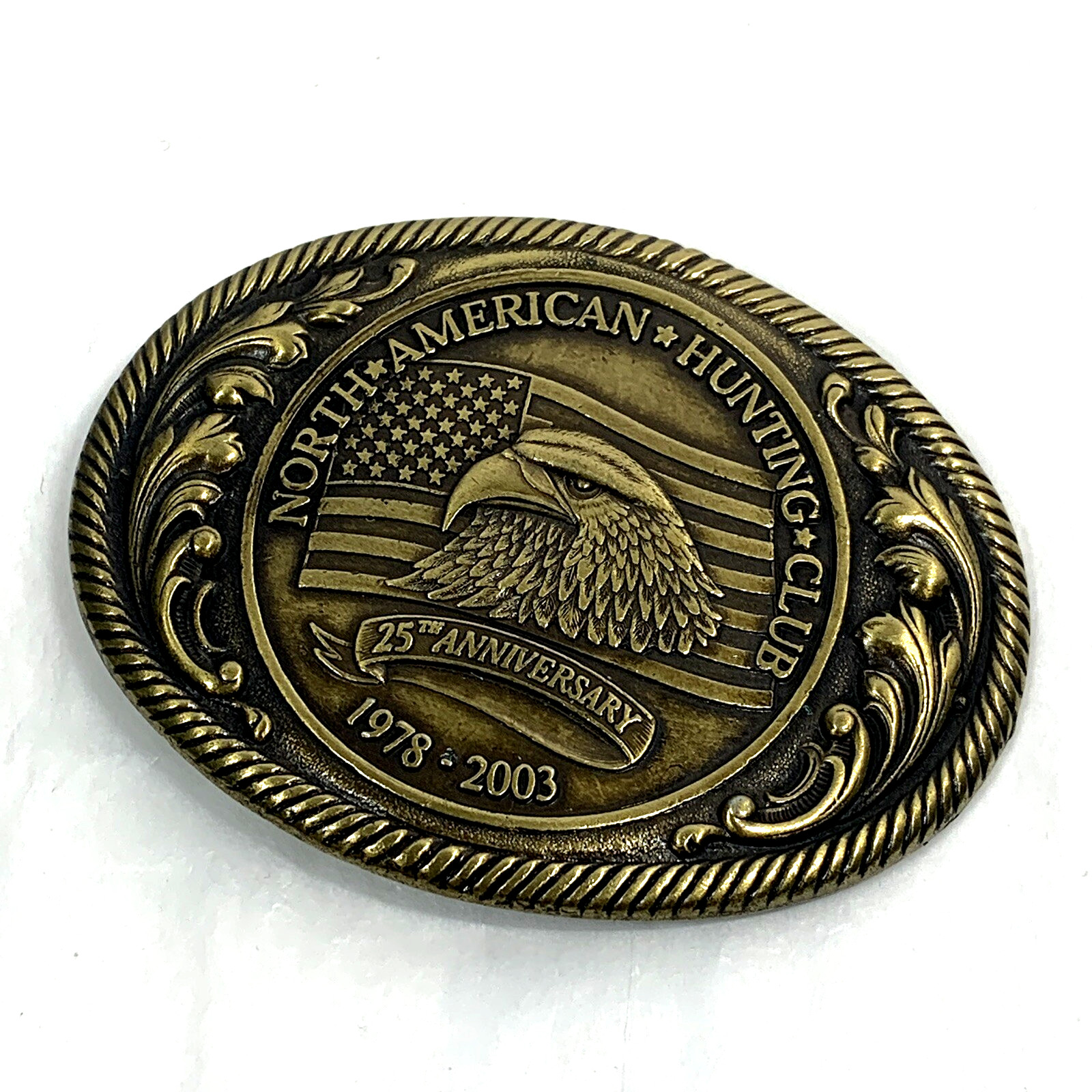North American Hunting Club Brass Belt Buckle 25th Ann 1978-2003 Oval Eagle Flag