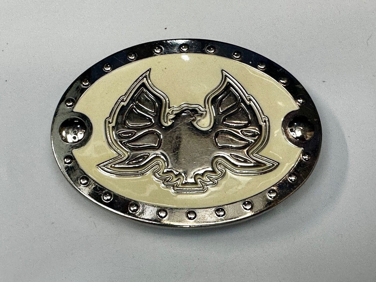 Thunderbird Eagle? Cream Color Enamel Studded Oval Silver Tone Belt Buckle