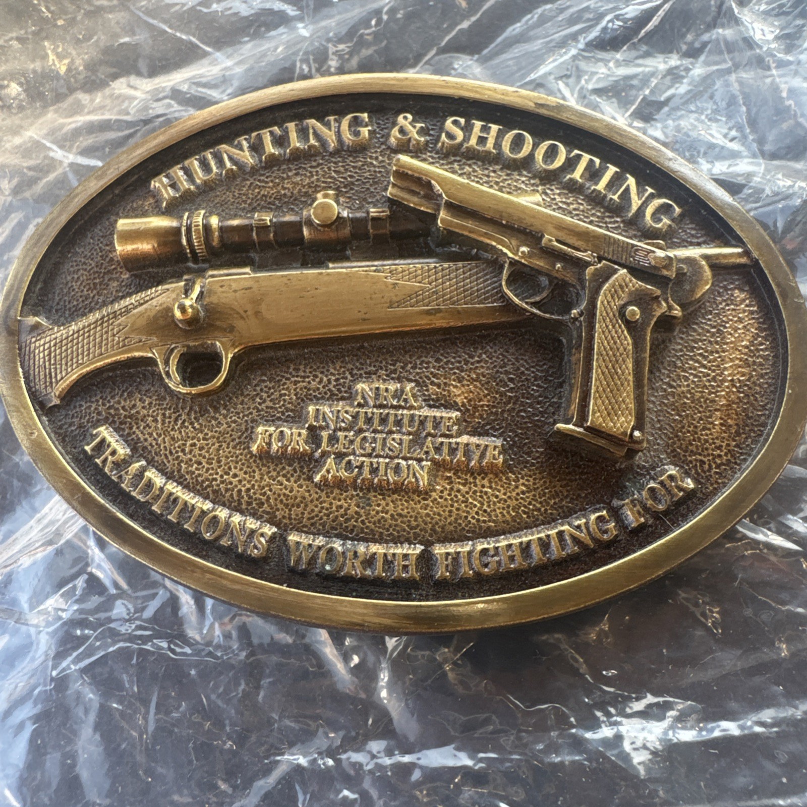 NRA Brass Belt Buckle Pistol Rifle Hunting & Shooting Traditions Worth Fighting
