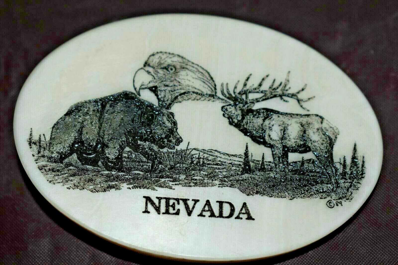 Etched Marble Belt Buckle oval 3.25&Prime; NEVADA (BEAR / EAGLE / ELK) NICE!!