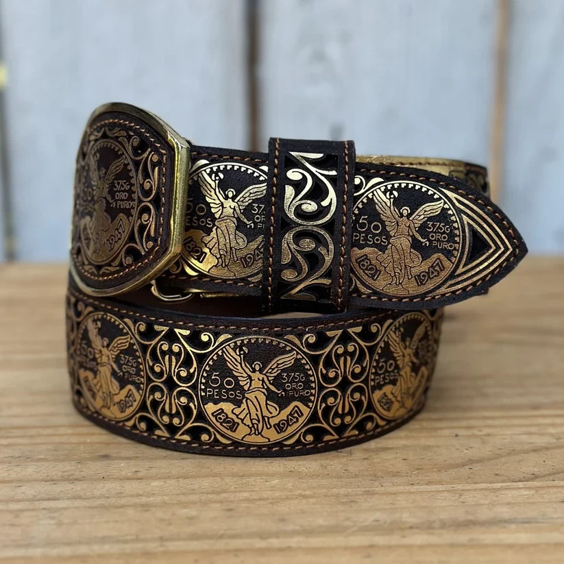 Genuine Laser Cut Leather Centenario Western Belt with Removable Buckle – Gold