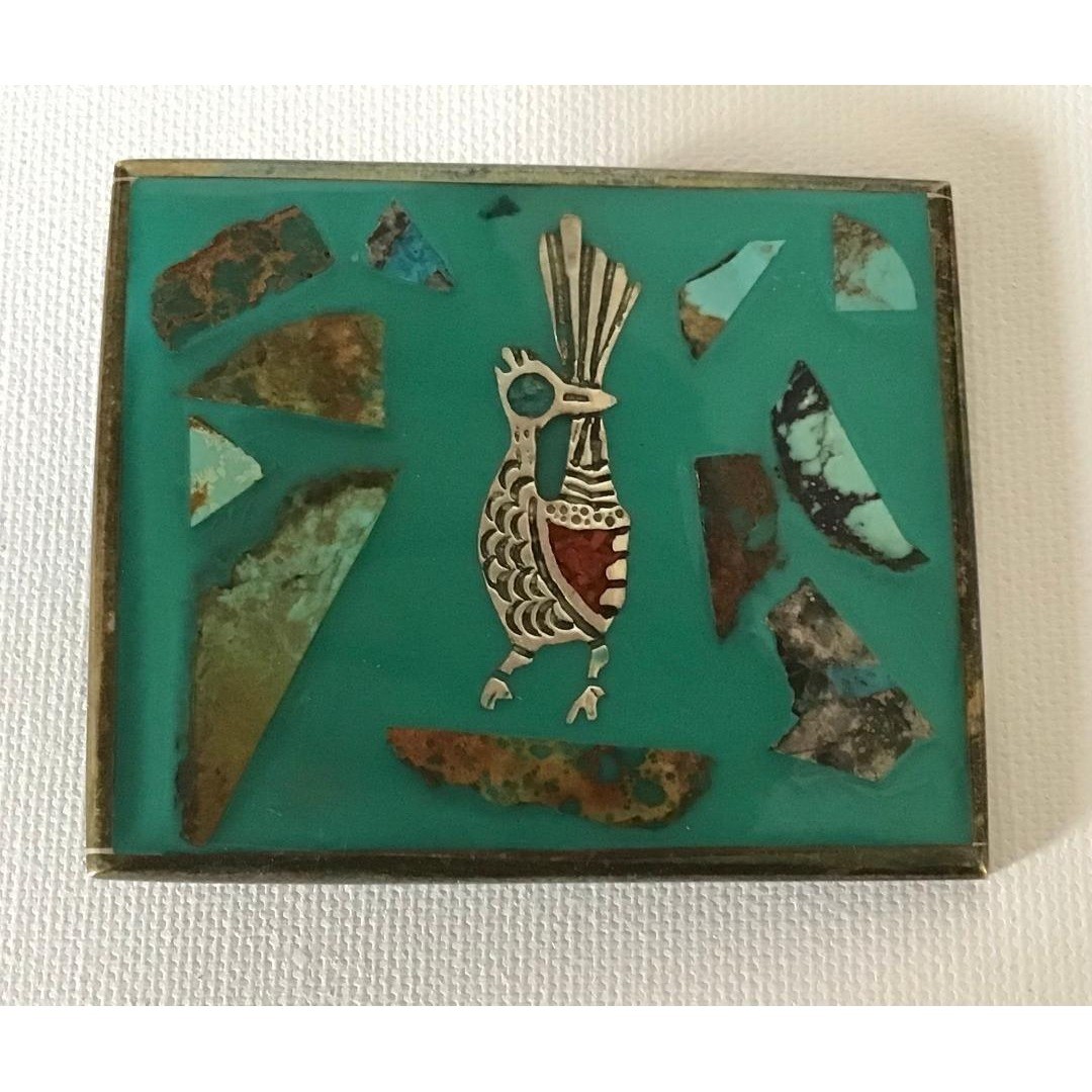 Vintage Solid Brass Roadrunner Turquoise Chip Inlay Southwest Belt Buckle Cowboy