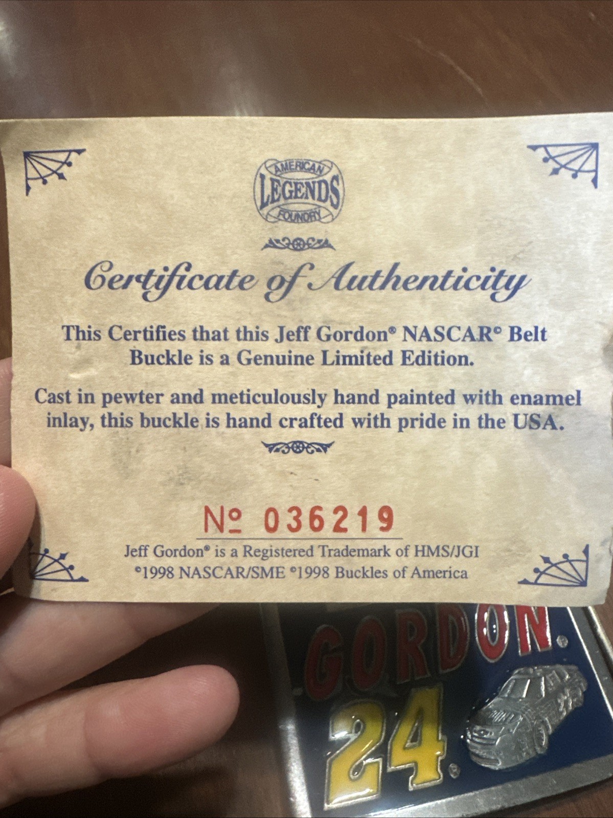 VINTAGE 1998 NASCAR JEFF GORDON # 24 PEWTER BELT BUCKLE WITH COA