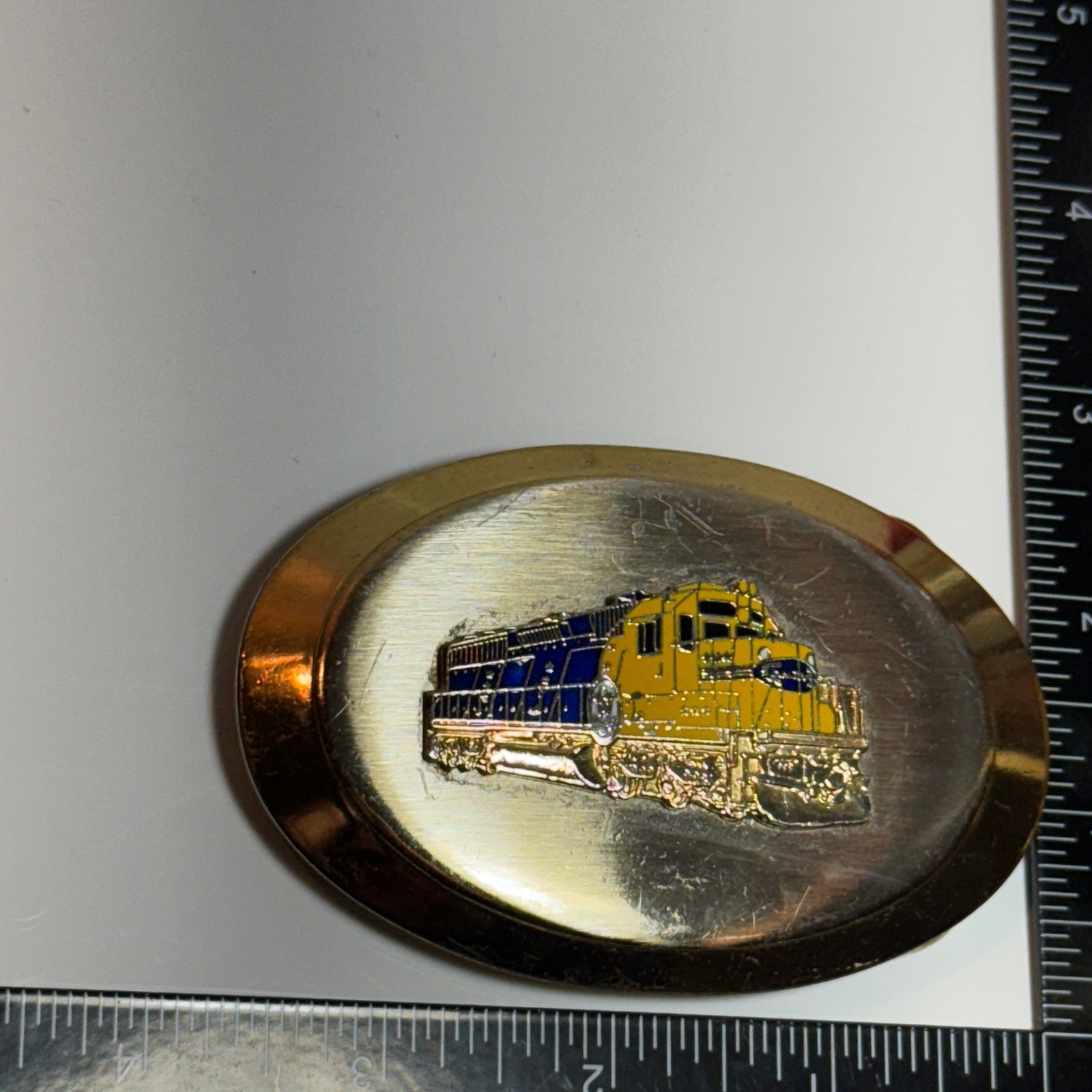 Gold Tone Oval Belt Buckle Die Cast Train Locomotive Yellow Blue