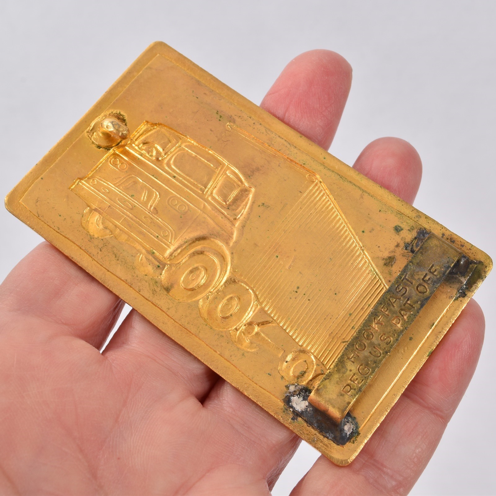 Vintage 1950s Gold Tone TRACTOR TRAILER Big Rig TRUCK BELT BUCKLE Hook Fast