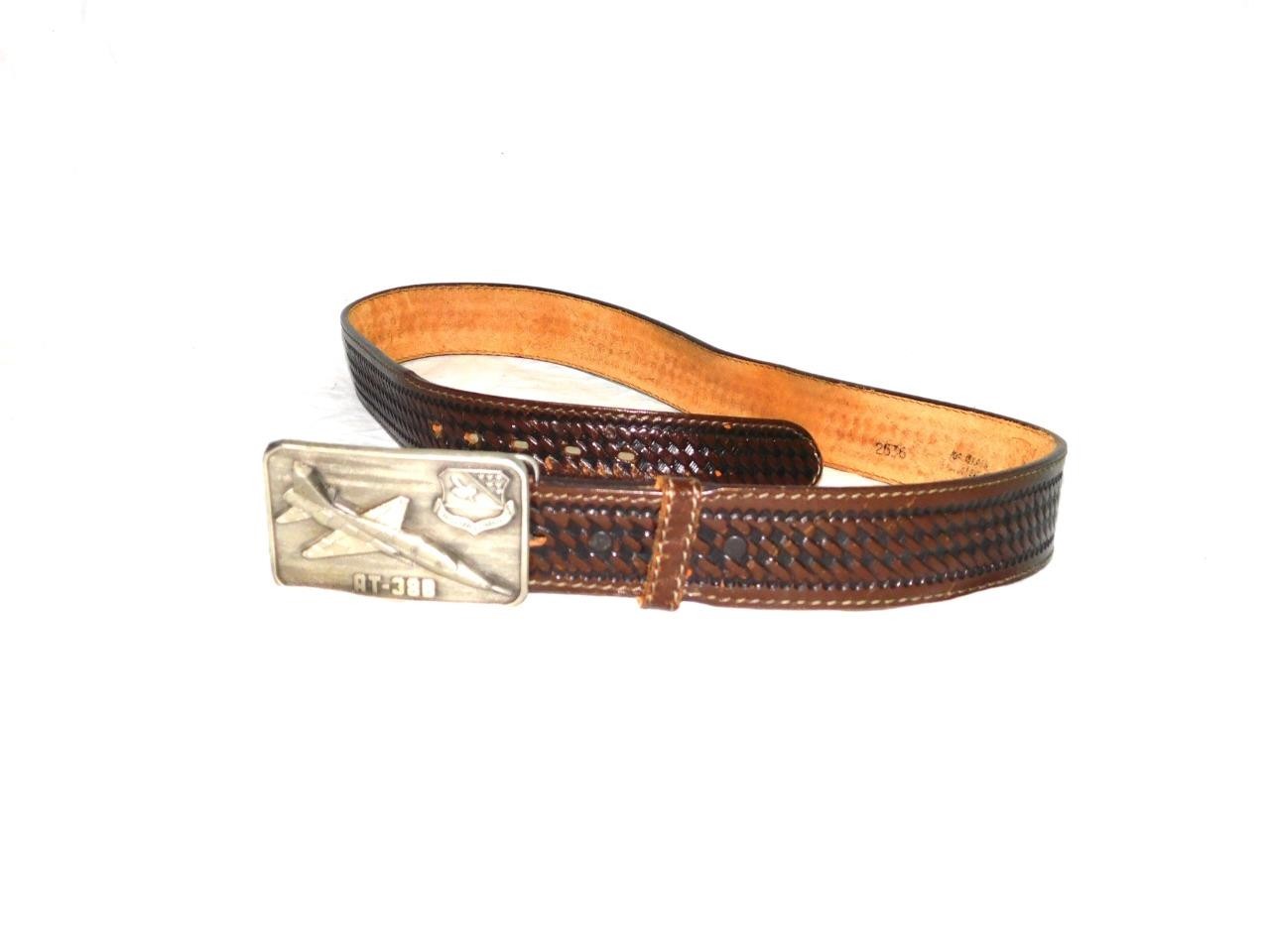 VTG AT-38B Fighter Jet Belt Buckle On Size 38 Brown Woven Leather Belt USAF